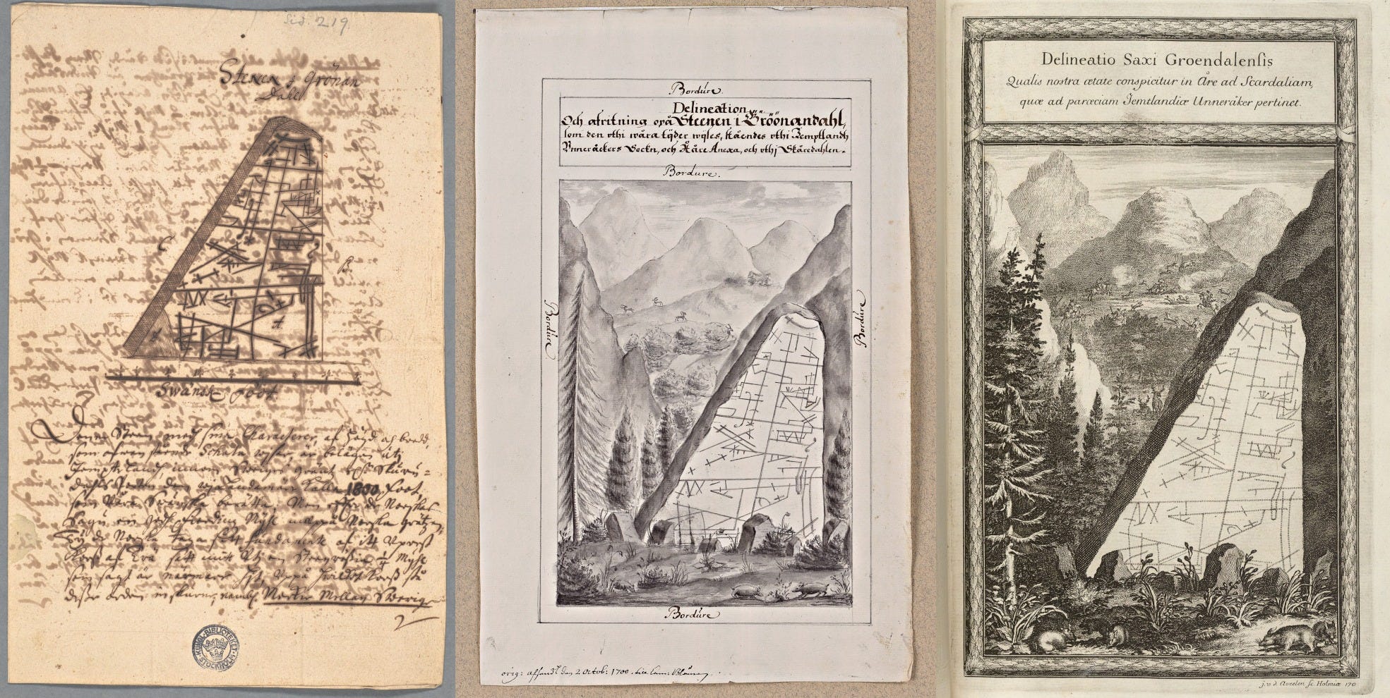 Three depictions of a stone with cracks in different surroundings