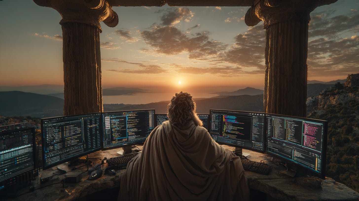 A serene ancient Greek philosopher in robes sitting calmly at a modern computer workstation, multiple glowing monitors displaying code and deployment pipelines