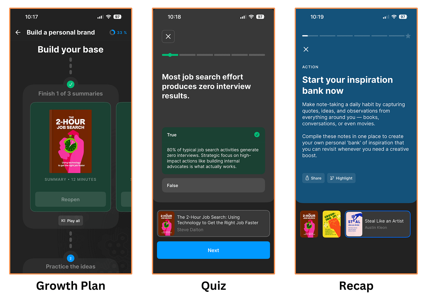 Headways’ Growth Plan “Build a personal brand” (dark mode)