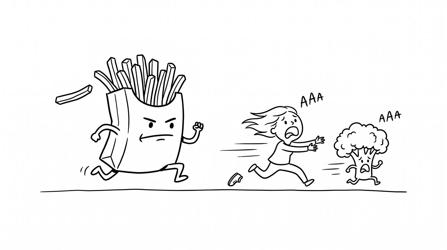 fries running behind hiuman and a broccoli - image generated with AI