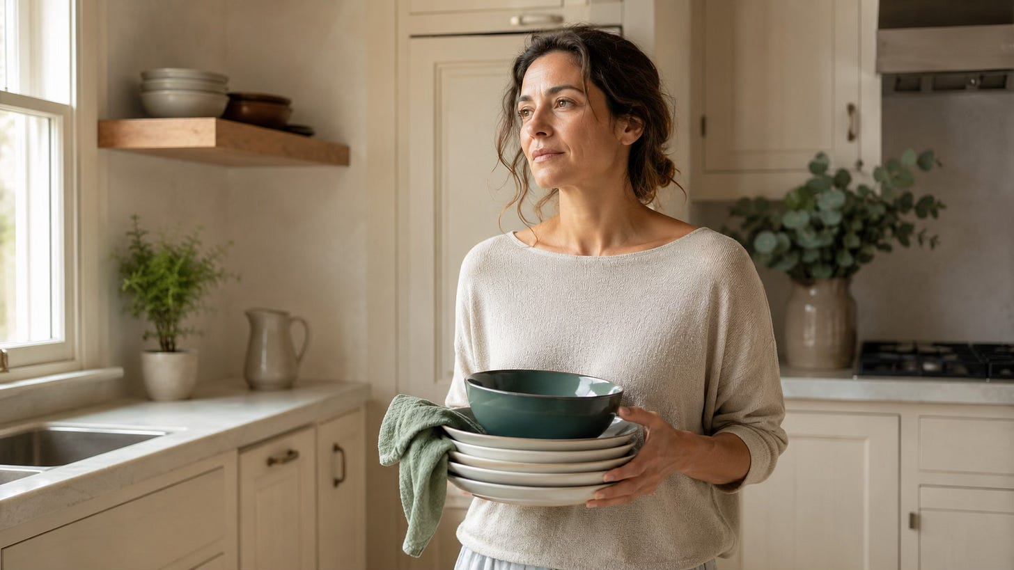 Woman pausing mid-task in a calm kitchen, representing the hidden exhaustion of always caring for everyone else first.