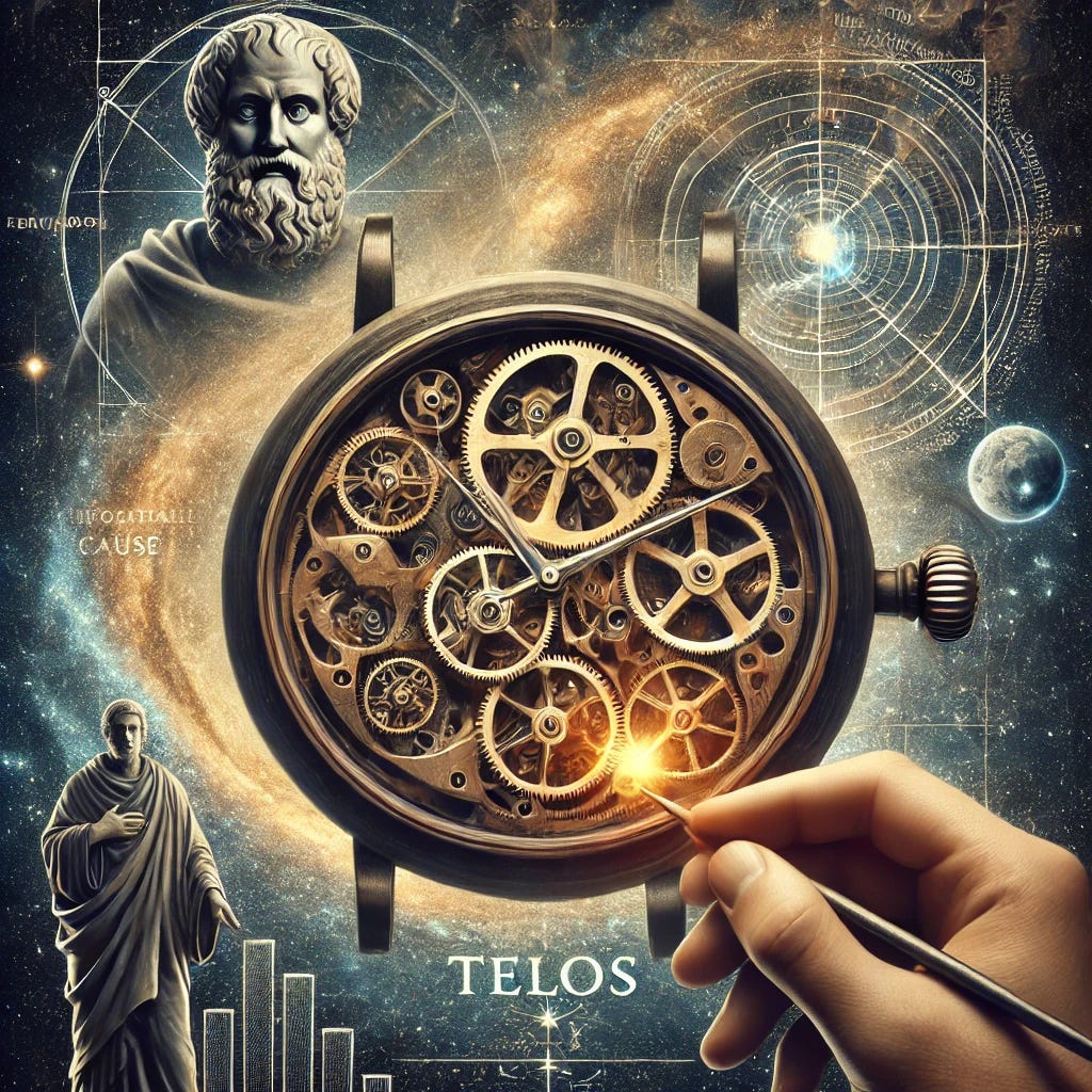 A surreal and thought-provoking image symbolizing Aristotelian-Thomistic philosophy. The image features a grand mechanical watch, partially disassembled, with its intricate gears floating in midair, each representing one of Aristotle's Four Causes. The 'Material Cause' is depicted as raw metal and molten gold forming gears, the 'Formal Cause' as a blueprint or a ghostly schematic overlaying the watch, the 'Efficient Cause' as a sculptor’s hand adjusting the gears, and the 'Final Cause' as a radiant light or an ethereal inscription on the watch reading 'Telos' (Greek for purpose). In the background, a cosmic expanse with faint outlines of Aristotle and Thomas Aquinas observing the watch, their silhouettes merging with the stars, symbolizing their lasting influence on philosophical thought.