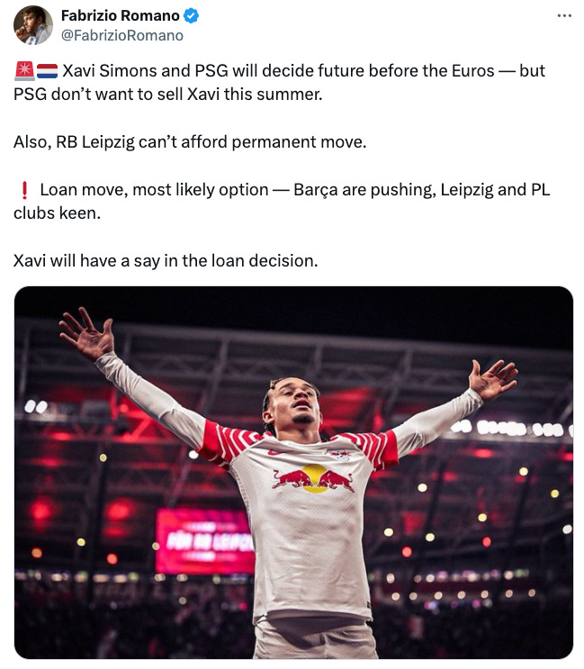 A tweet by Fabrizio Romano on Xavi Simons