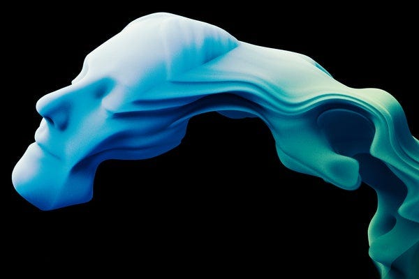 Surreal artist concept of face from side, eyes closed facing left, as head appears to become liquid-like melting towards the right