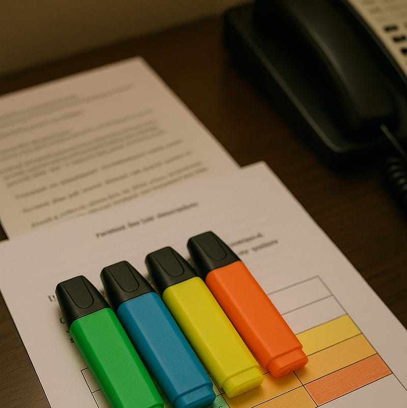 A close-up of four highlighters arranged in a row by color (green, blue, yellow, and orange) resting neatly on a stack of printed paperwork. The setup sits on a tidy hotel makeup desk beside a smartphone.