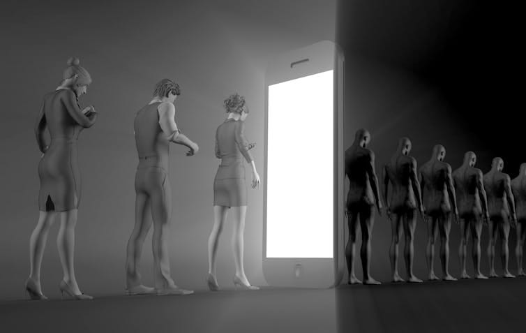 Graphic of a line of people staring at their phones, walking through a portal that looks like a smartphone screen and emerging from the other side as zombies. Graphic of a line of people staring at their phones, walking through a portal that looks like a smartphone screen and emerging from the other side as zombies.