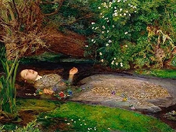 Millais painting of Ophelia, drifting down a river and drowning.