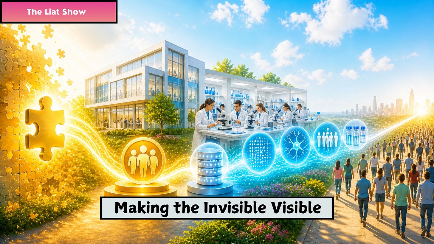 Liat Portal for The Liat Show: Parkinson’s Visibility Becomes Research Infrastructure  Liat Portal for The Liat Show shows a bright medical research campus with scientists in a laboratory, patient participation icons, database symbols, neuron signals, medication vials, and people walking toward a city skyline. A glowing puzzle piece appears on the left, suggesting that public visibility becomes one part of a larger research system. The image supports the fifth episode in the Parkinson’s series by Liat Portal, written with Dr. Minna Schmidt, and connects the Michael J. Fox Foundation, Fox Insight, patient participation, research data, biomarkers, clinical trials, and the transformation of public awareness into scientific infrastructure. visibility system, patient participation, research campus, biomarker path, clinical data