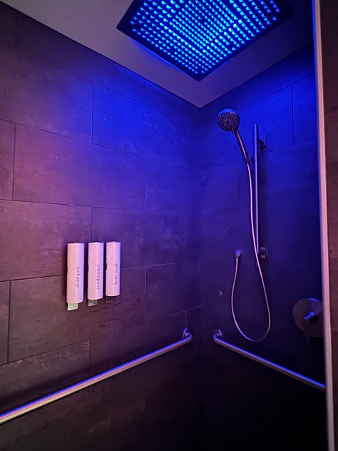 3 photos showing a red-light sauna
