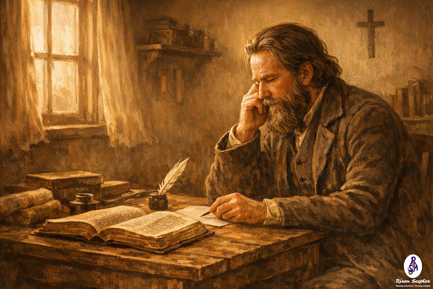 Missionary sitting at a desk in the 18th century with a quill pen and open bible. Missionary sitting at a desk in the 18th century with a quill pen and open bible.