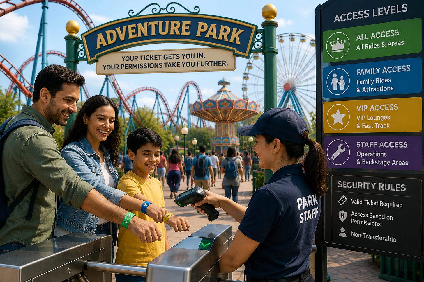 Theme park guests use different wristbands to access rides and VIP areas. 