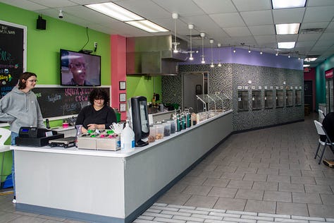 pictures of the inside of Yogurt Journey and all the colorful toppings