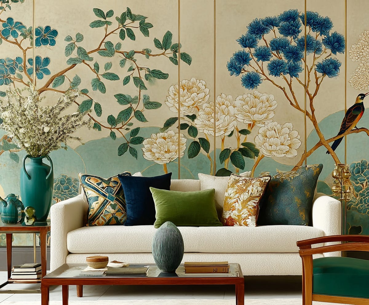 luxurious asian influenced sofa with botanical mural backdrop, cream sofa with mixed cushions, tones of blues, greens, and gold, plush design interiors adelaide