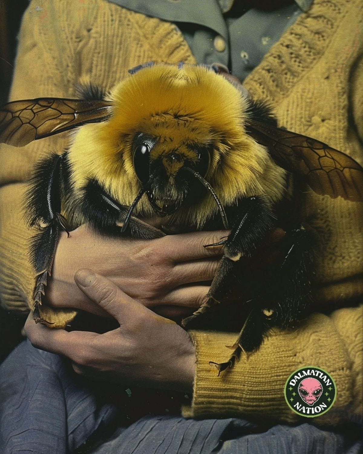 Enormous bubble bee held in the arms of an elderly person