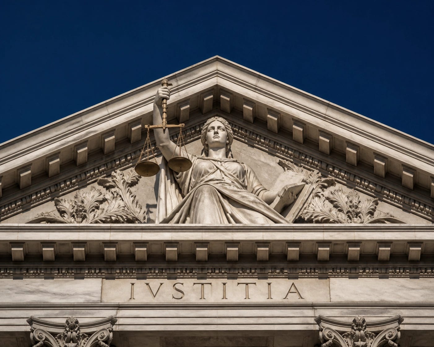 Statue of justice with scales against a blue sky, reflecting the Catholic roots of American moral order. Statue of justice with scales against a blue sky, reflecting the Catholic roots of American moral order.