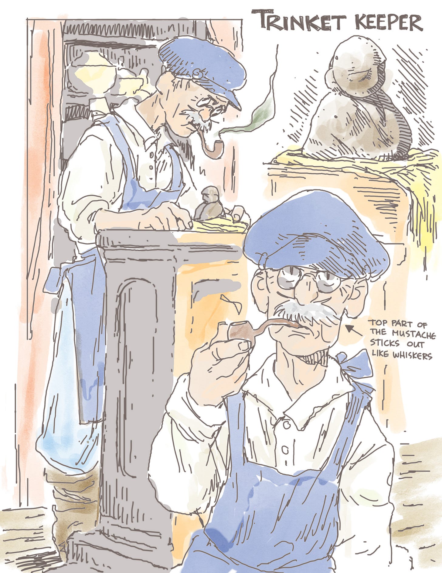 an old man inspecting a stone statue