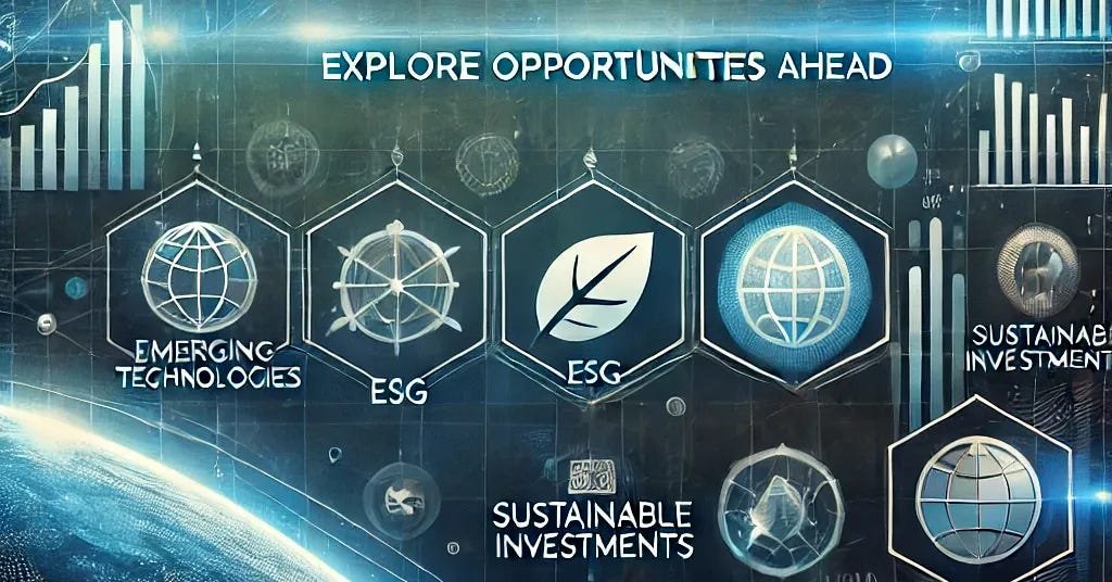 A professional and futuristic illustration for the topic '2025 Investment Outlook.' The image features a bold and modern title prominently displayed at the top in a sleek sans-serif font. The background incorporates a subtle gradient of blues and greens, symbolizing growth and innovation, with abstract patterns of stock charts and global networks. Key investment themes are visually represented with icons: a rocket for emerging technologies, a leaf for ESG and sustainable investments, a bar chart for market growth, and a blockchain symbol for cryptocurrency trends. The design also includes subtle futuristic elements, like holographic overlays or glowing effects, to convey forward-thinking. At the bottom, a call-to-action reads 'Explore Opportunities Ahead.'