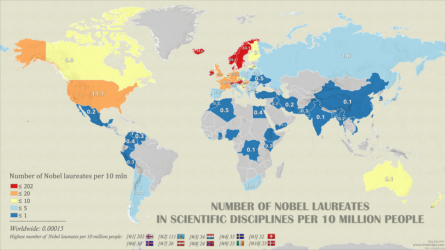 A World of Genius: Nobel Laureates Per Capita Across the Globe - Vivid Maps