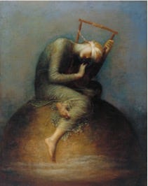 A painting of a person with a blindfold

Description automatically generated