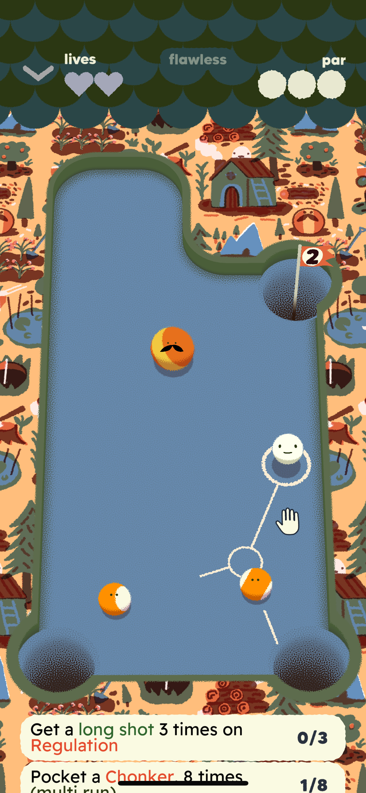 A white ball about to hit another ball into a pocket, and collide with a third ball to go into another pocket