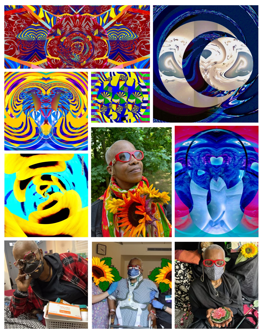 In the middle is a portrait photo of Claire holding sunflowers and looking upward with a slight smile. Some bright green leaves from trees are seen behind her. Surround Claire is a collage of her vibrant abstract and psychedelic digitally manipulated paintings, called “Sun Angels.” In the middle is a portrait photo of Claire holding sunflowers and looking upward with a slight smile. Some bright green leaves from trees are seen behind her. Surround Claire is a collage of her vibrant abstract and psychedelic digitally manipulated paintings, called “Sun Angels.”