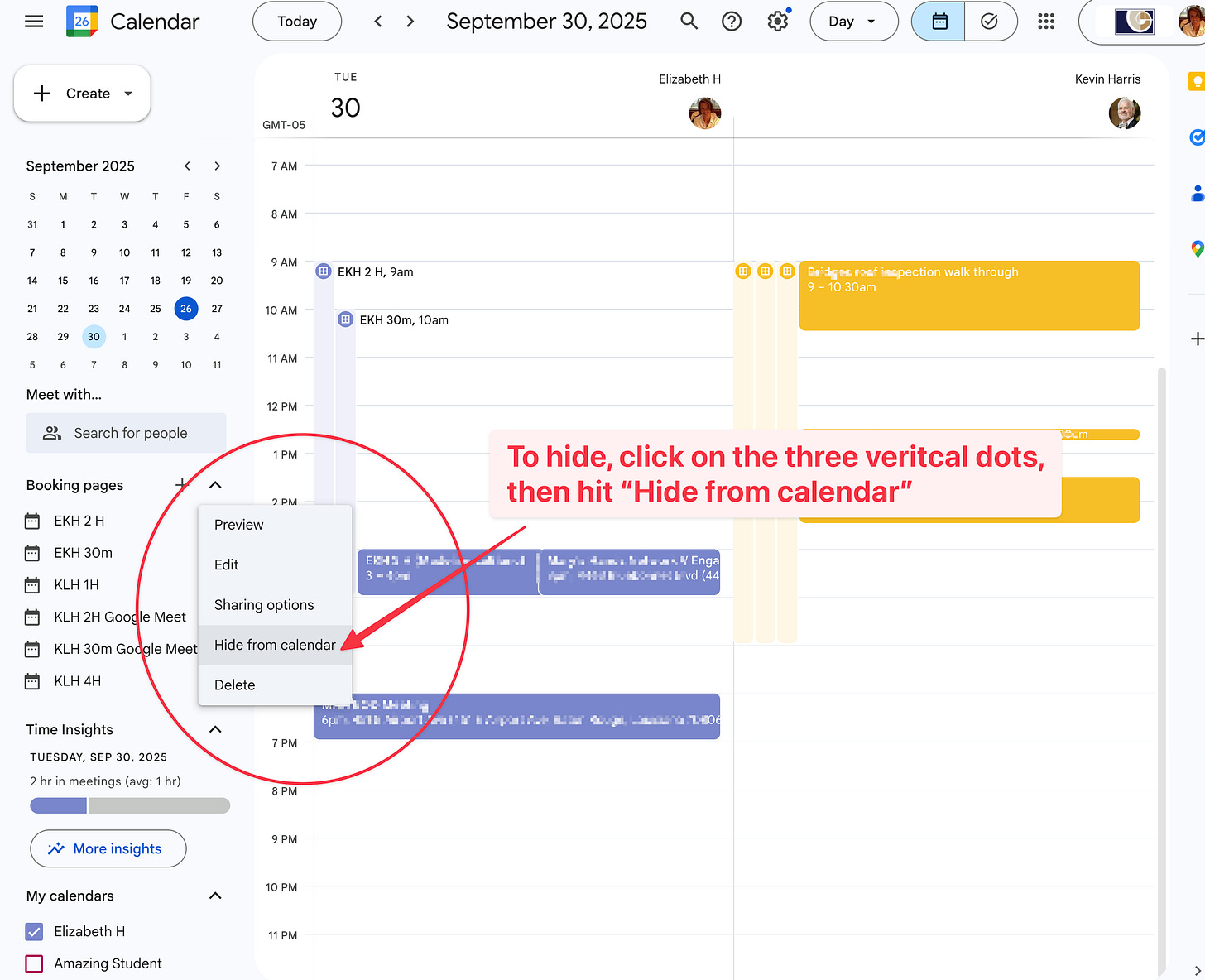 Google Calendar day view with annotations showing booking page ribbons across the calendar and a dropdown menu displaying the "Hide from calendar" option