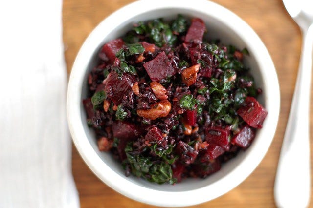 Forbidden rice, kale & beet salad with pecans by Eve Fox, The Garden of Eating, copyright 2015