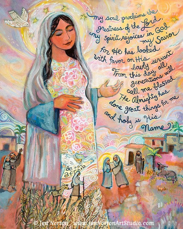An illustration of Mary accompanied by part of the text of the Magnificat