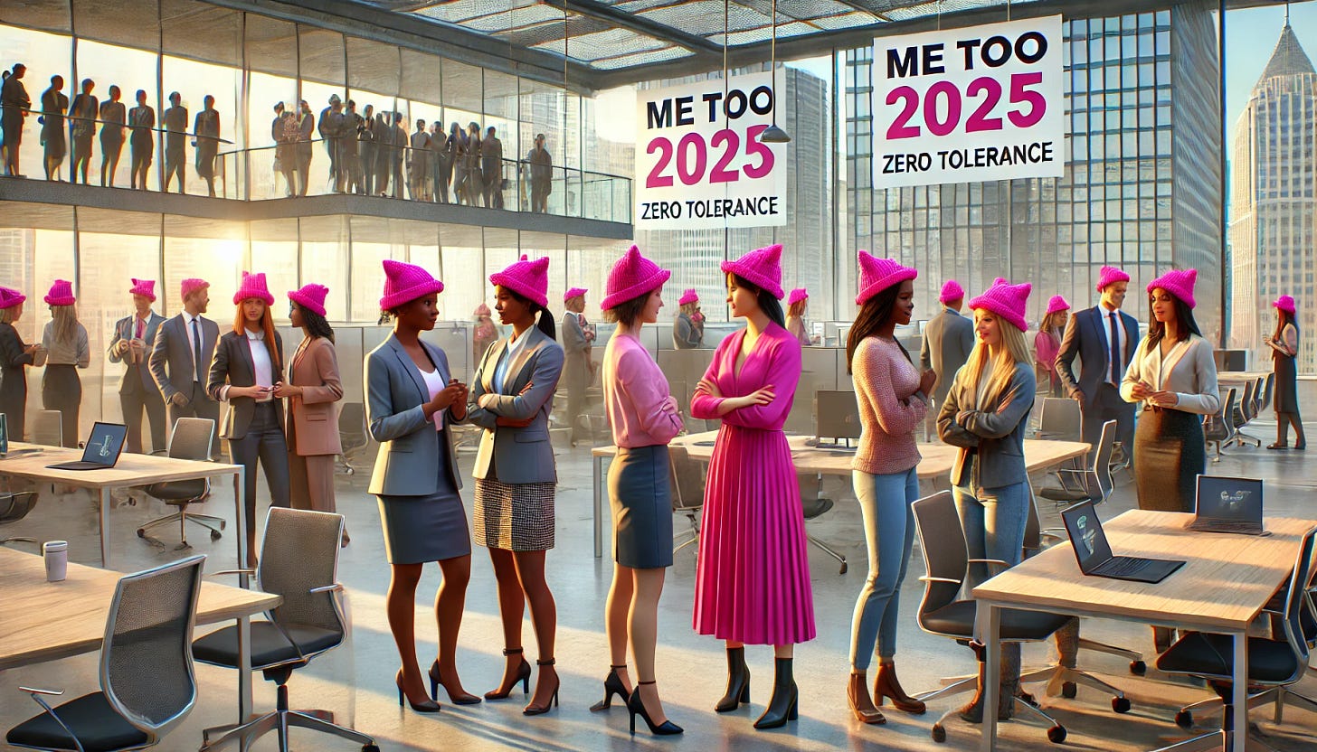A digital illustration of the Me Too movement in 2025, set in a modern corporate workplace. Women and allies wear bright pink pussy hats as a symbol of resistance and solidarity. They are standing and conversing confidently in an open-plan office with sleek furniture and large glass windows. Some are holding signs that say “Me Too 2025” and “Zero Tolerance.” The group is racially diverse and includes people of all genders. In the background, posters with empowering slogans decorate the walls. Natural light fills the space, creating a hopeful atmosphere. Created Using: futuristic elements, inclusive character design, vibrant color palette, professional setting accuracy, high emotional resonance, modern digital style, naturalistic lighting, high-definition realism, natural look