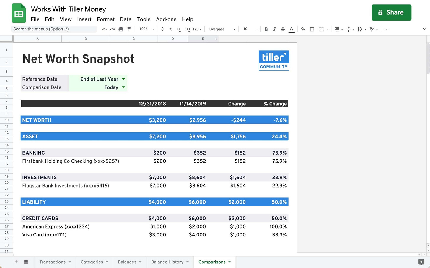 Net Worth Snapshot Sheet - Tiller