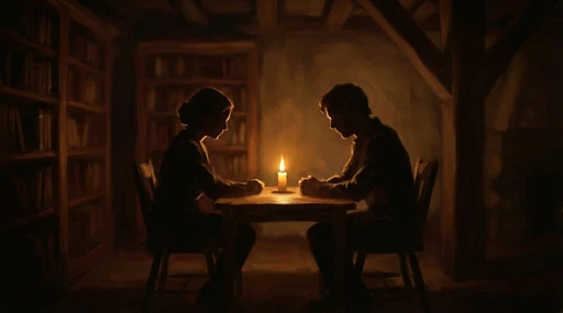 Two people in silhouette sitting across from one another in a warm, dimly lit room. Two people in silhouette sitting across from one another in a warm, dimly lit room.