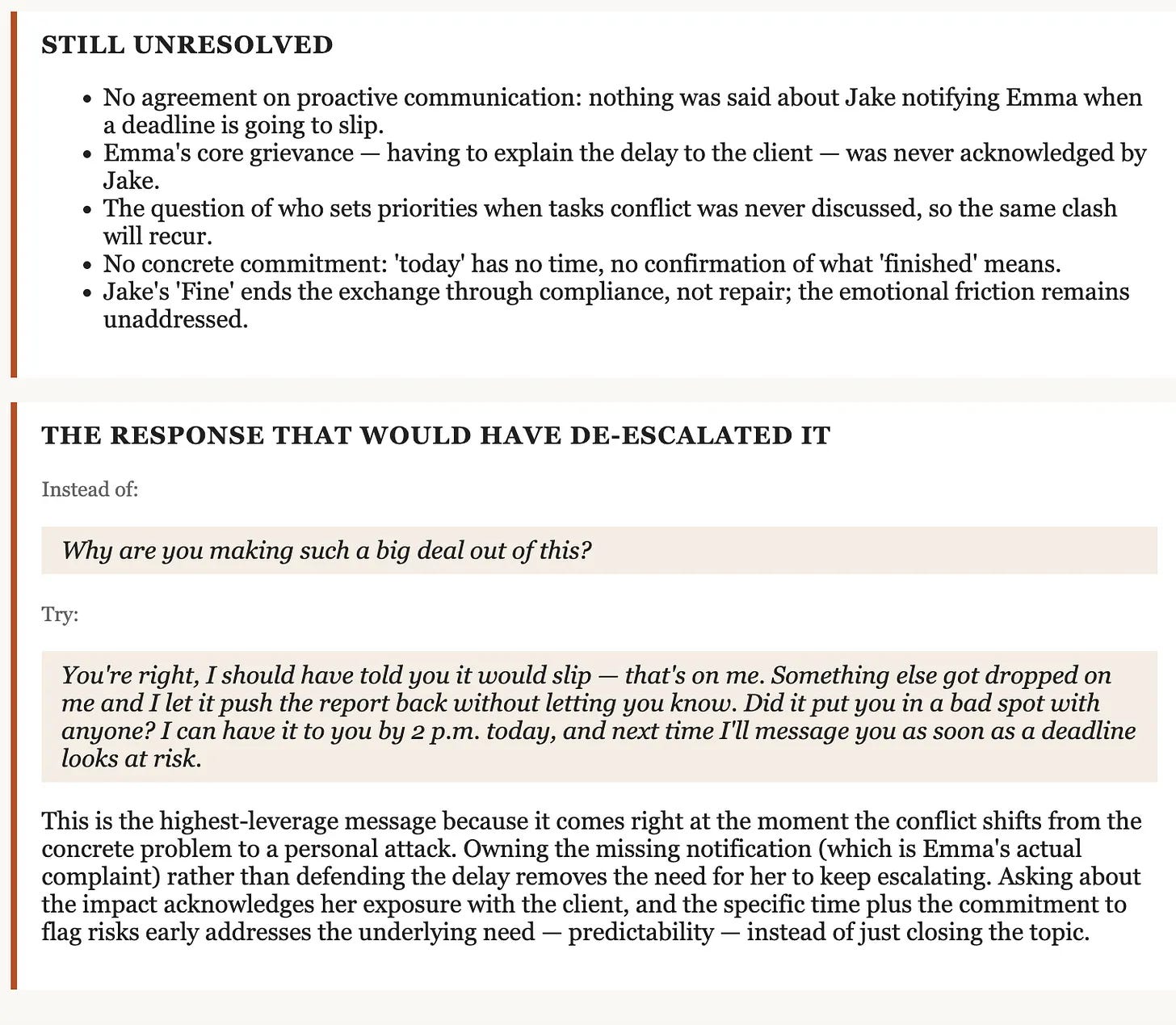 Conversation Autopsy output listing unresolved points and the exact reply that would have de-escalated the argument Conversation Autopsy output listing unresolved points and the exact reply that would have de-escalated the argument