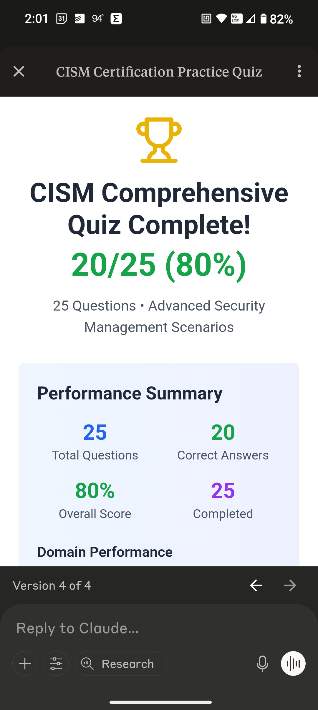 Claude CISM quiz results