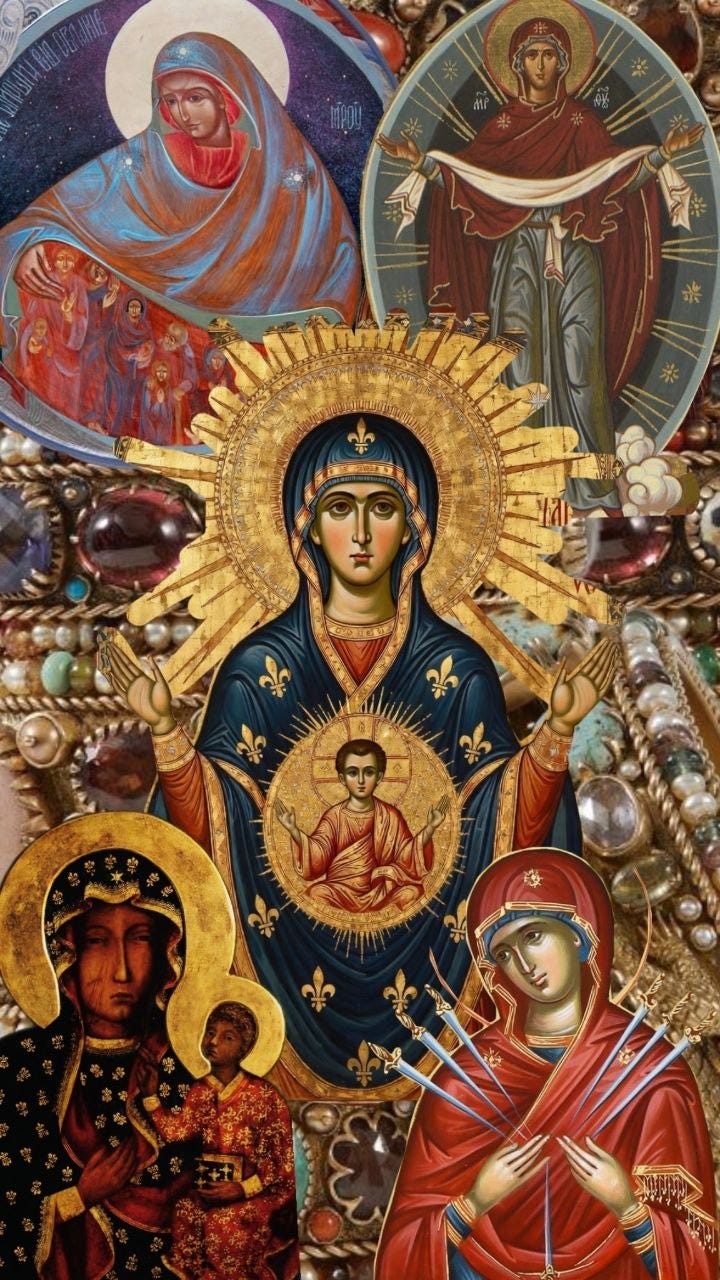 collage of byzantine style iconography of the vigin mary