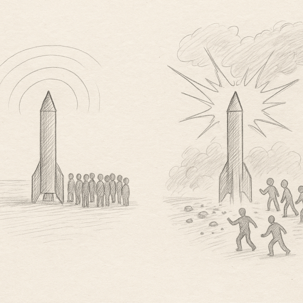 Sketch 1 – The Main Structure and Crowd Imagine a tall vertical form rising from a flat ground. Its base is broad, its upper section narrower, creating a rigid pillar-like outline. Sketch 2 – The Energetic Burst Here the focus is the moment of release. At the center, the same vertical structure is drawn, but this time with a sharp emission spreading outward—depicted as jagged lines or a radiating cone. The emission expands into the air, pushing against the silhouettes of people, some of whom are leaning back, arms raised, or shielding. Sketch 1 – The Main Structure and Crowd Imagine a tall vertical form rising from a flat ground. Its base is broad, its upper section narrower, creating a rigid pillar-like outline. Sketch 2 – The Energetic Burst Here the focus is the moment of release. At the center, the same vertical structure is drawn, but this time with a sharp emission spreading outward—depicted as jagged lines or a radiating cone. The emission expands into the air, pushing against the silhouettes of people, some of whom are leaning back, arms raised, or shielding.