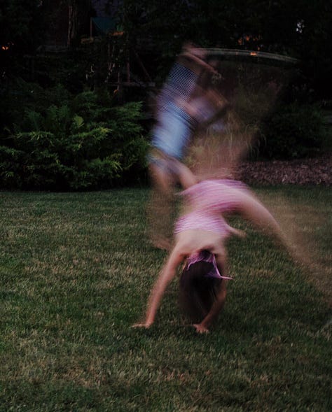 Three photographs: 1) A teen girl blurred by twirling with a rope in a tree; 2) pink sky above trees on Midsummer's Eve; 3) two young girls blurred as they do somersaults on a lawn at dusk. (Credit: Nancy Forde)