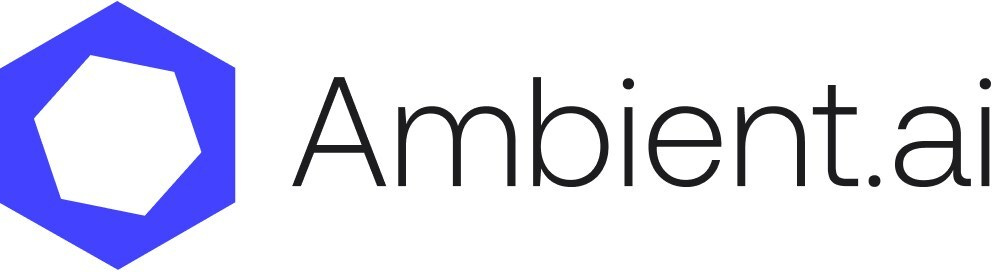 The Ambient.ai logo featuring a bright blue hexagon icon next to the company name in a light gray font.