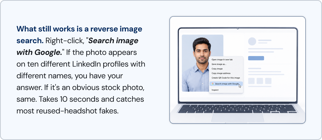 Laptop showing a reverse Google image search on a LinkedIn profile photo