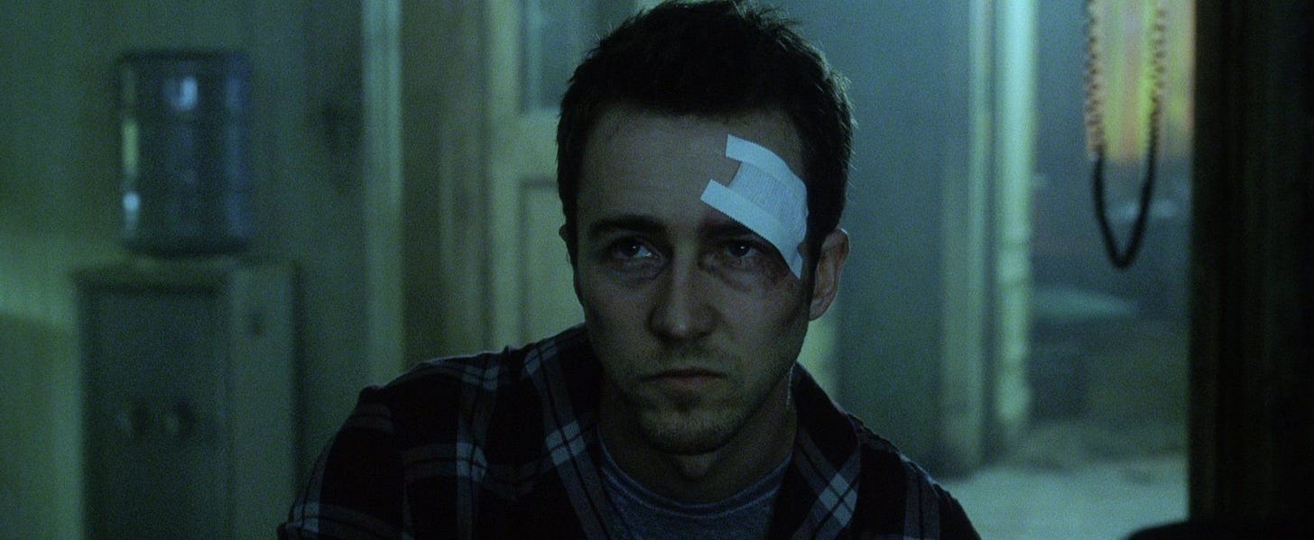 The beaten and bruised narrator from Fight Club