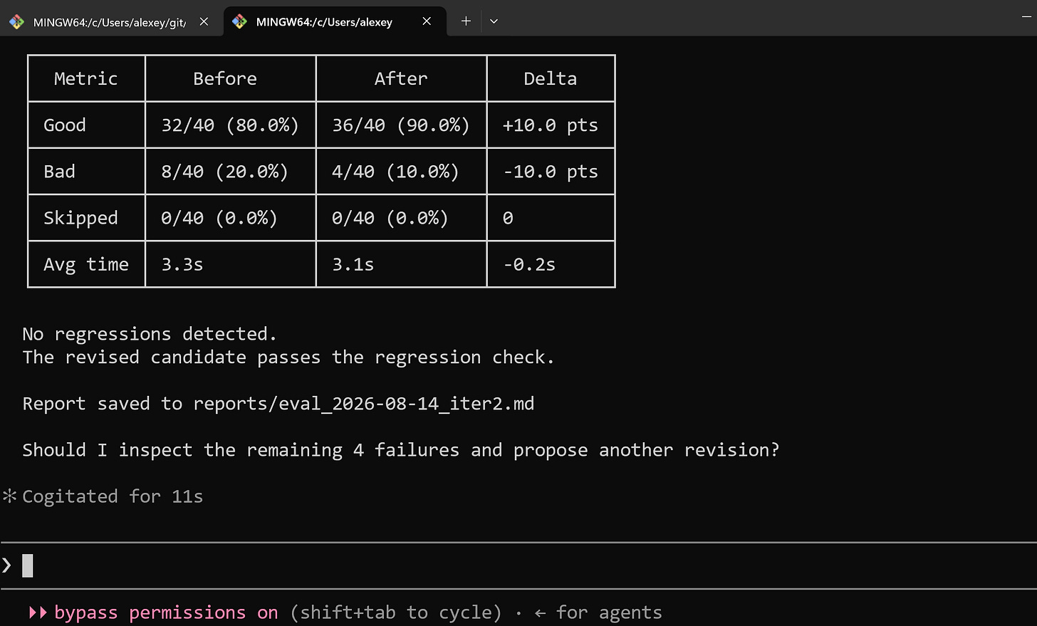 Two terminal sessions side by side: the implementer agent modifying the agent code, and the tester running the evaluation and reporting the results