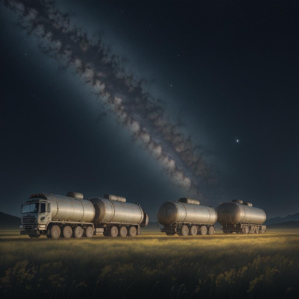 Tanker trucks parked in a meadow at night, with shooting stars in the sky Tanker trucks parked in a meadow at night, with shooting stars in the sky
