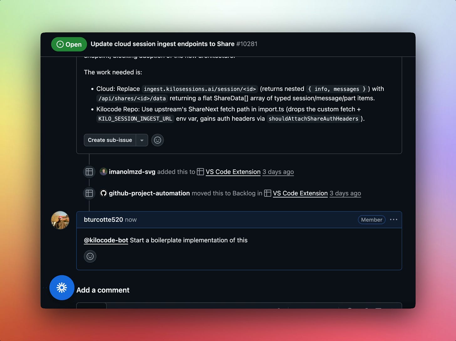 Asking @kilocode-bot to fix a GitHub issue