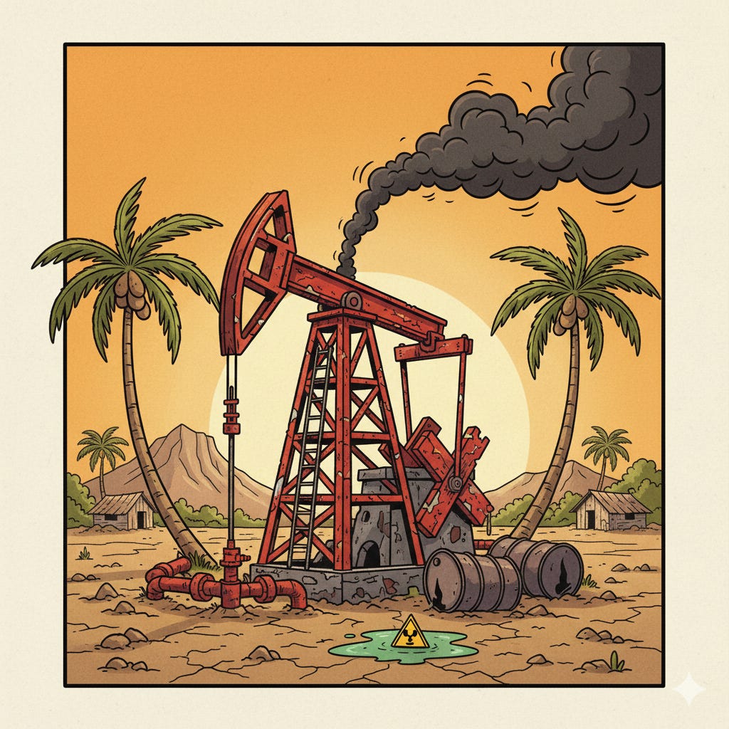 Cartoon image of a broken oil well in a tropical locale such as Venezuela
