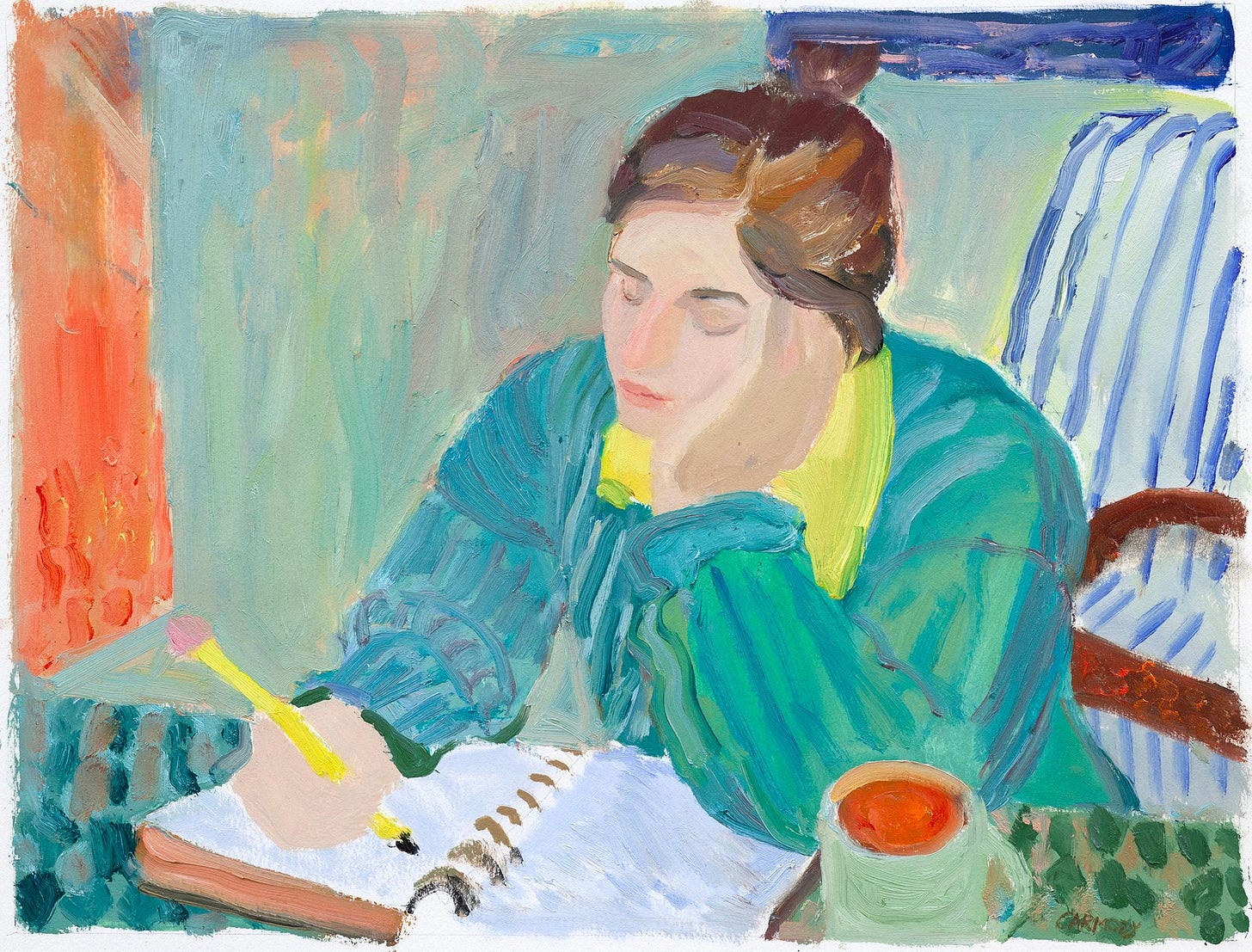 Kelly Carmody Figurative Painting - "Journaling" figurative oil painting of woman writing in notebook, signed framed Kelly Carmody Figurative Painting - "Journaling" figurative oil painting of woman writing in notebook, signed framed
