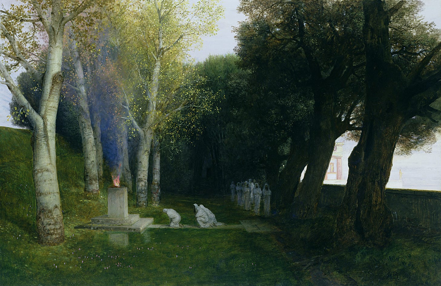 Painting of muted colors depicting a clearing in a wooded grove, where mysterious figures in white cloaks line up to kneel before a stone altar with a small fire burning on top