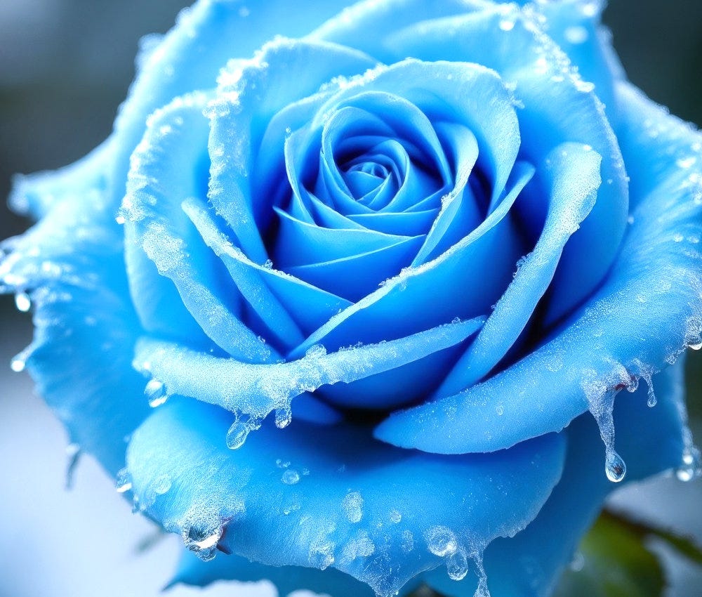 A rare blue rose dappled in frozen dew.