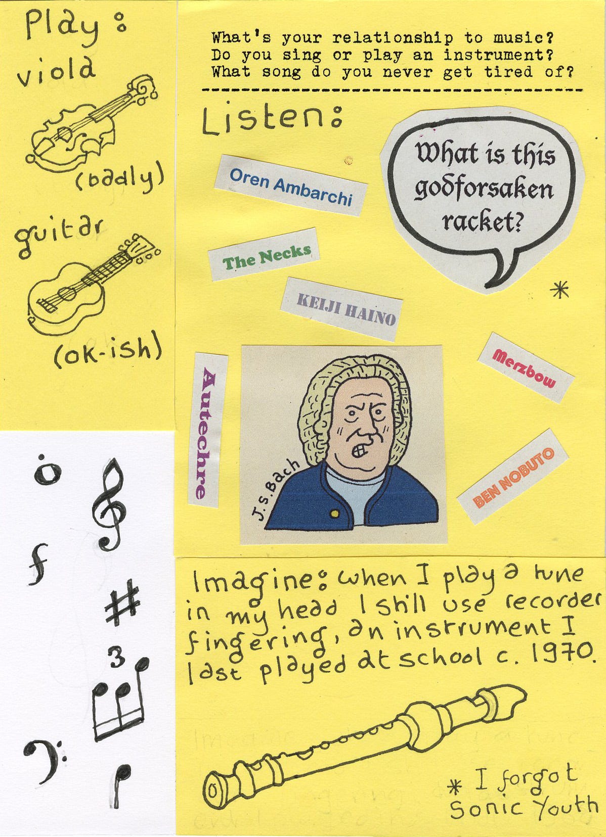 What's your relationship to music? Do you sing or play an instrument? What song do you never get tired of? Play: viola (badly) guitar (ok-ish) [picture of Bach saying
