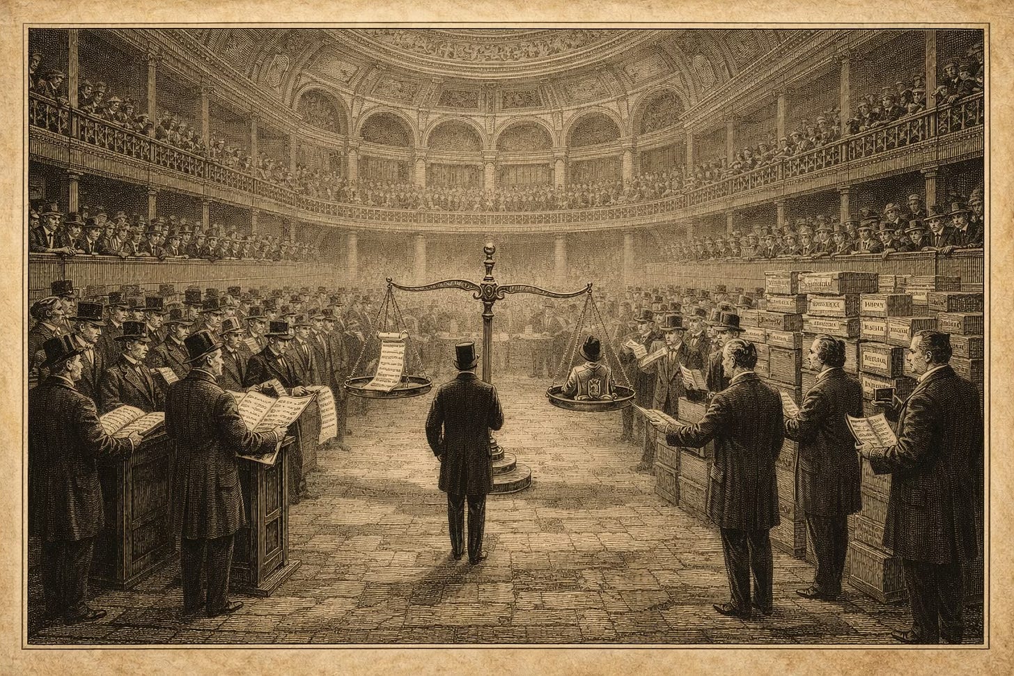 Victorian engraving illustration of two opposing groups in a grand exchange hall with a figure holding a balance scale between them representing one side holding behavioral data infrastructure and one side holding a content library, illustrating the valuation spread between Netflix's behavioral methodology and Paramount's Warner Bros Discovery content acquisition.