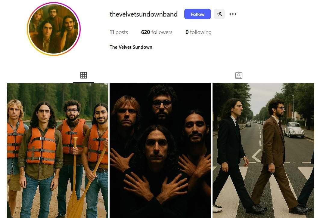 Instagram profile for “The Velvet Sundown,” a fictional band created using AI-generated music. The top shows the profile header with 11 posts, 620 followers, and no accounts followed. The photo grid features three band-style images: one of four men in life vests holding paddles in a forest; another mimicking Queen’s “Bohemian Rhapsody” pose with dramatic lighting; and a third imitating the Beatles’ Abbey Road cover, with suited figures crossing a street. Though the visuals suggest a classic rock band, the group—and its music—are entirely AI-generated.