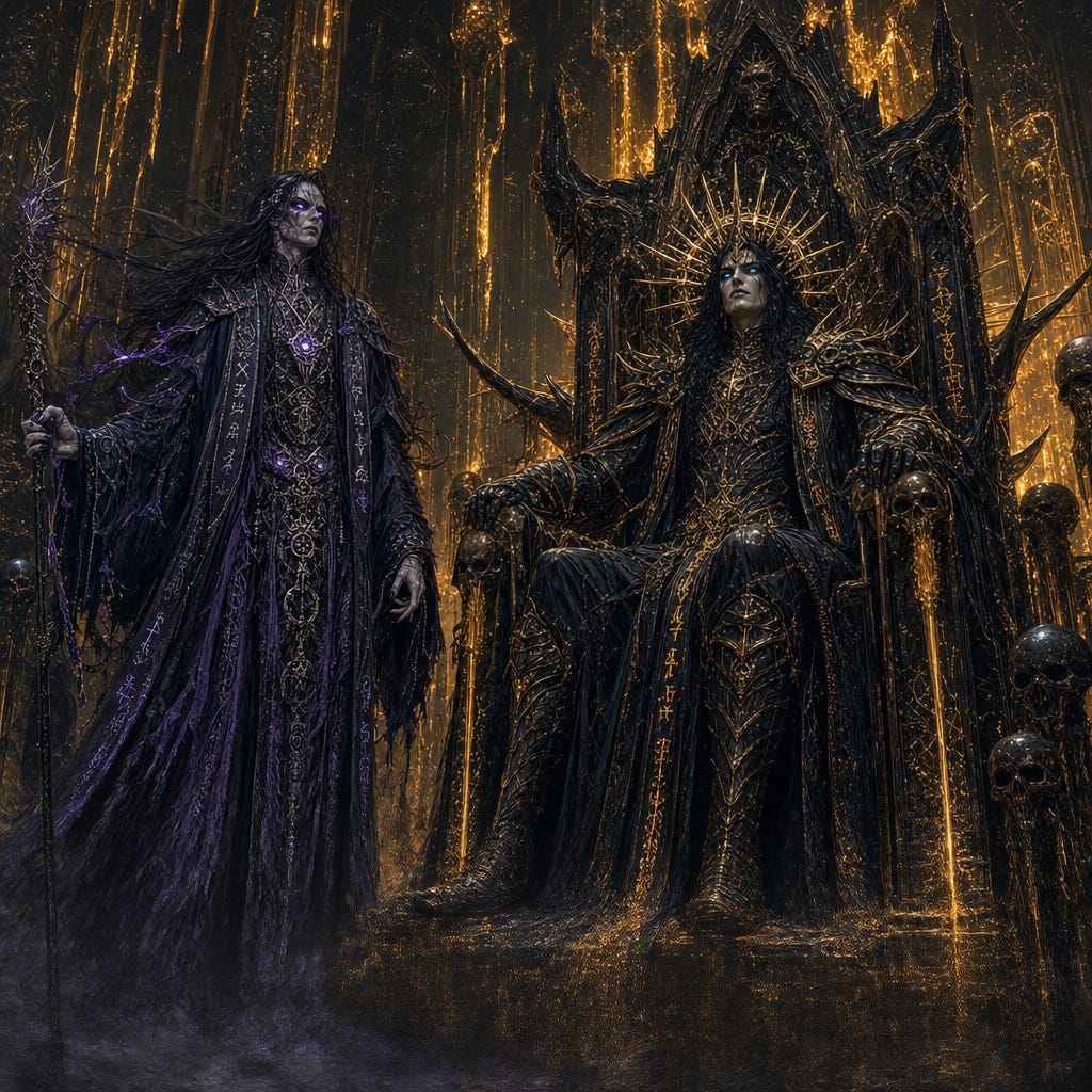 Lich Felonious standing beside the obsidian-and-molten-gold throne of the Amber Temple’s dream-Clarion — Clarion towering, angular-faced, long raven-black hair lifted by unnatural wind, steel-blue blazing eyes, relic-bone and blackened silver armor with pulsing amber runes; Felonious slender and parchment-pale with violet-gray flame eyes, ink-black drifting hair with silver runes, charcoal and violet tattered robes glowing with sigils; hall of god-bone obsidian, molten amber light dripping like honey, shadows moving with intention; fully original faces